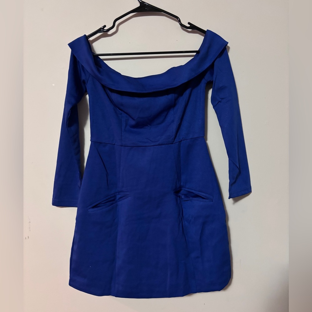 Navy Blue Off-Shoulder Dress with front pockets NWT